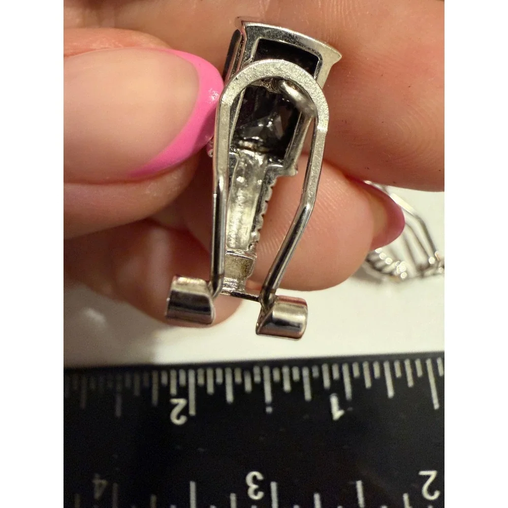 Black Emerald Cut Two Tone Cable Hoop Earrings Omega Back Costume Jewelry